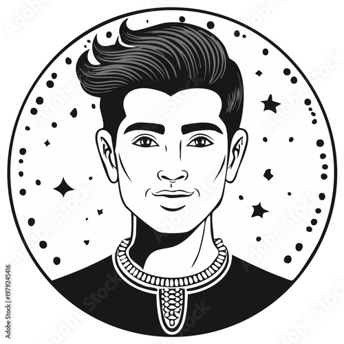 Elegant Black and White Portrait of a Man in a Decorative Circle Frame with Star Accents