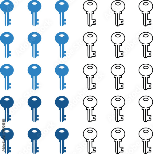 Key icon set with house and security keys in flat and outline styles for access control