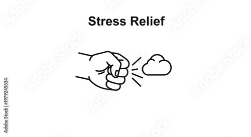 A minimalist vector graphic illustrating stress relief with a clenched fist punching through a cloud