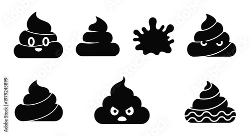 A collection of cartoonish poop emojis in varying shapes and expressions presented as black silhouettes high quality professional detailed modern elegant