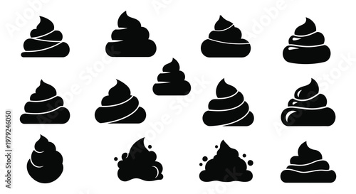 A collection of various black pile shapes representing animal excrement displayed against a white background silhouette high quality professional detailed modern