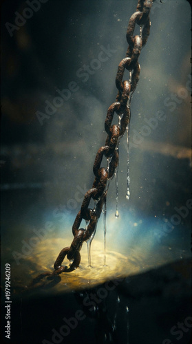 Industrial tension concept featuring a rusty metal chain dripping wet over a dark pool