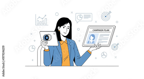 Businesswoman holding tablet with campaign plan and camera, planning strategy