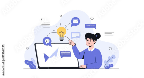 Businesswoman presenting idea on laptop with charts and lightbulb, concept illustration