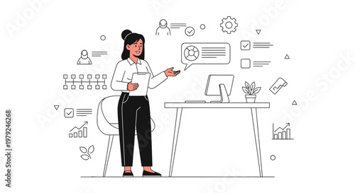 Businesswoman presenting strategy with charts and icons in office workspace