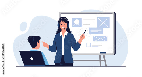 Businesswoman teaching presentation on whiteboard to colleague with laptop