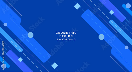 斜めの線・正方形・円で組み合わせた青色の幾何学的な背景素材