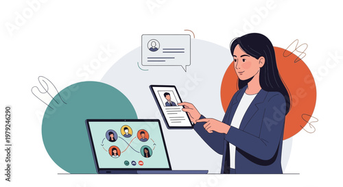 Businesswoman using tablet for video conference with colleagues on laptop