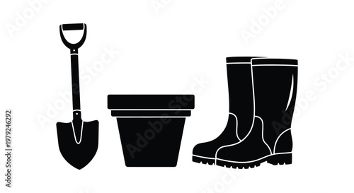 A black and white depiction of gardening tools a shovel pot and boots in silhouette high quality professional detailed
