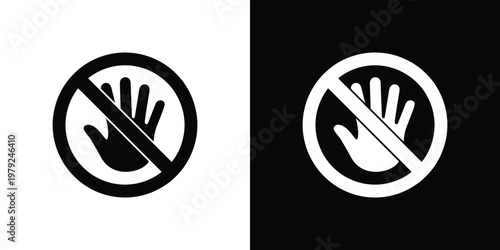 Black and White Hand Forbidden Sign Vector, Circle with Crossed Out Hand Icon Style