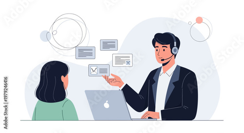 Customer service agent helping client with information on laptop, online support concept