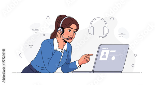 Customer service agent with headset and laptop, pointing at screen, online support concept