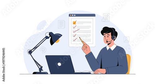 Customer service agent with headset and checklist on screen, working at desk with laptop