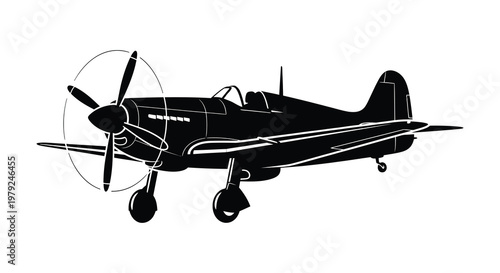 A striking black silhouette of a vintage world war two era fighter plane in mid air showcasing its streamlined design silhouette