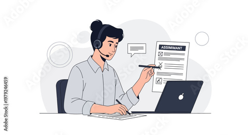 Customer service agent with headset and laptop, working on assignment