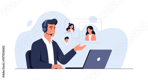 Customer service agent with headset on video call with clients, remote work concept