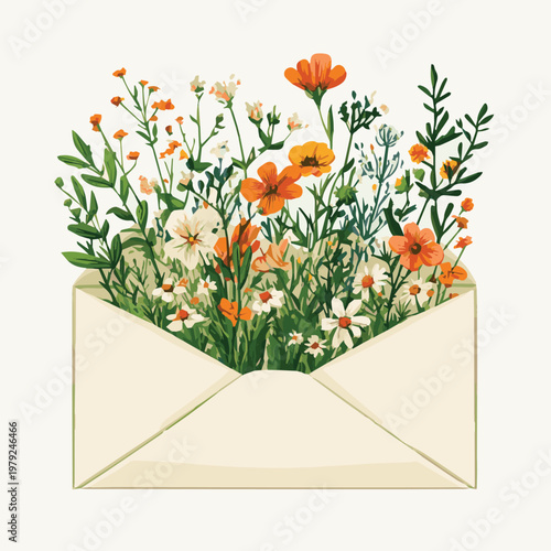 A beautiful arrangement of colorful flowers bursting from an envelope, symbolizing nature's artistry and joy.