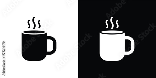 Black and white mug icon design, steaming liquid in cup, minimalist