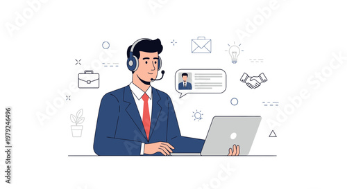 Customer service representative with headset and laptop, business icons, communication concept