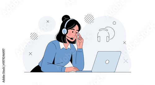 Customer service operator with headset and laptop, online support, remote work, flat illustration