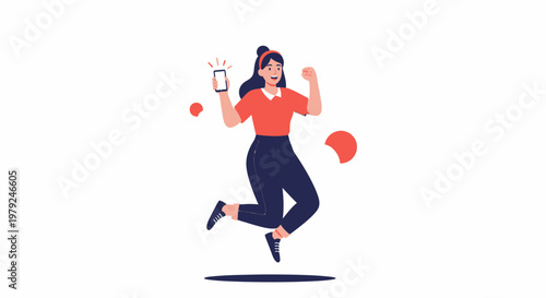 Excited Woman Jumping with Smartphone, Celebrating Success