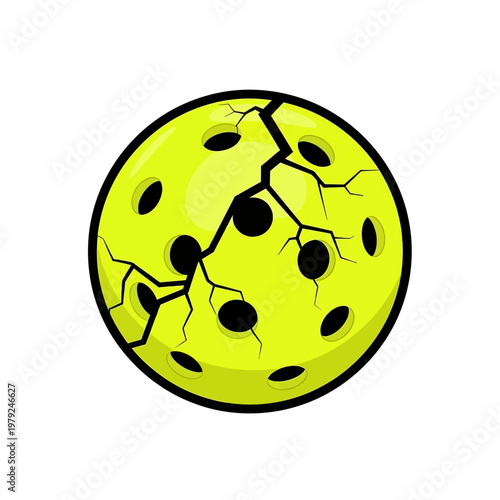 A cracked and damaged yellow sports ball with black spots