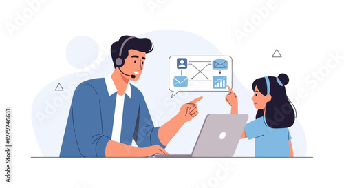 Father teaching child online business strategy on laptop, explaining workflow diagram