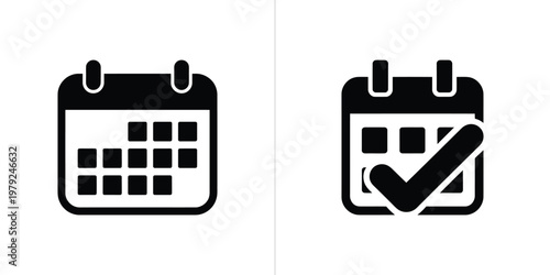 Black Calendar Date Icon Symbol Set with Transparent Background and Check Mark Sign
