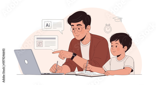 Father teaching son online using laptop, AI education, virtual learning, homework help