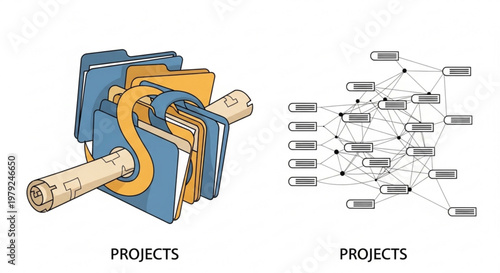 A vector graphic illustration of project management concepts with folders and a network diagram