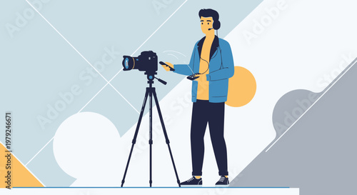 Filmmaker operating camera on tripod, shooting video with headphones and microphone