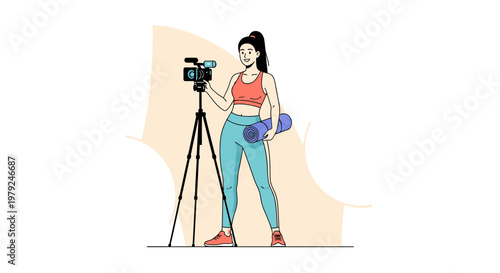 Fitness instructor filming workout video with camera on tripod, holding yoga mat