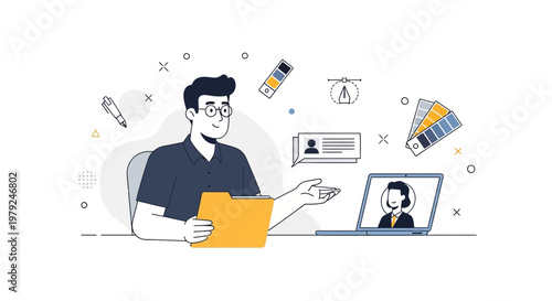 Graphic Designer Working Remotely with Client on Laptop, Color Palettes