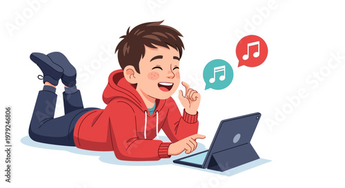 Happy boy lying down using tablet, listening to music, with music notes icons