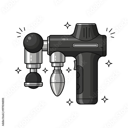 Illustration of a handheld massage gun with interchangeable attachments