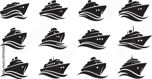Collection of black cruise ship silhouettes on white background