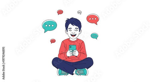 Happy boy with smartphone surrounded by speech bubbles, online communication concept