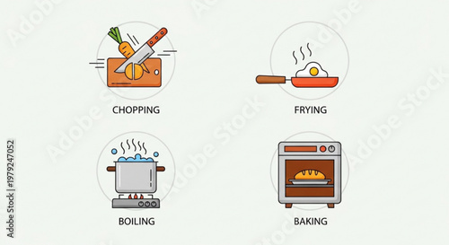 A vector graphic illustration of four common cooking methods including chopping, frying, boiling, and baking
