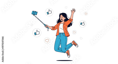 Happy Woman Jumping with Selfie Stick and Social Media Likes