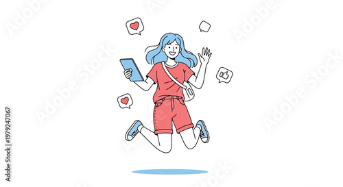 Happy Woman Jumping with Smartphone and Social Media Icons, Digital Communication Concept