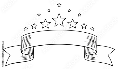 Elegant Ribbon Banner with Stars Hand Drawn Sketch Decoration Design Template Vector