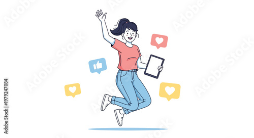 Happy Woman Jumping with Social Media Icons and Tablet