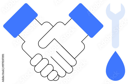 Collaboration, plumbing services, maintenance, repair solutions, teamwork, service agreements. Two shaking hands with a wrench and water drop symbol. Collaboration and plumbing services concept