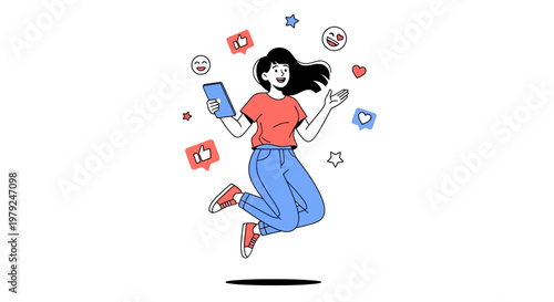 Happy Woman Jumping with Social Media Icons and Emojis