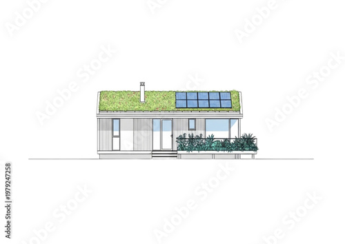 Modern minimalist house with green roof and solar panels, surrounded by lush plants