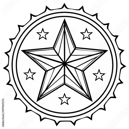 Five pointed star in decorative circle outline with spikes and smaller stars element drawing