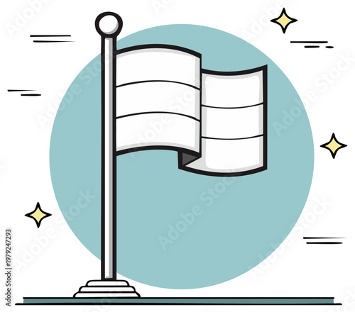 Simple Illustration of Blank Waving Flag Symbol Against Blue Circle
