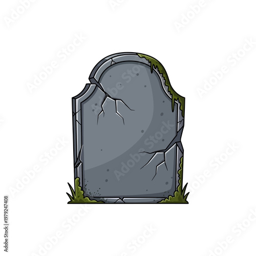 Old and weathered gravestone with visible cracks and moss growth at the base