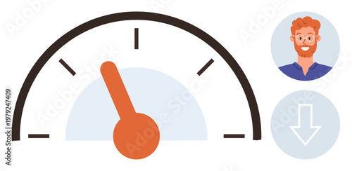 Productivity, performance, efficiency, business metrics, goal achievement, employee monitoring. Speedometer with a moving needle, person avatar and downward arrow. Productivity and performance