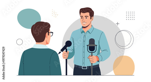 Journalist interviewing a man with microphones, illustration, communication concept